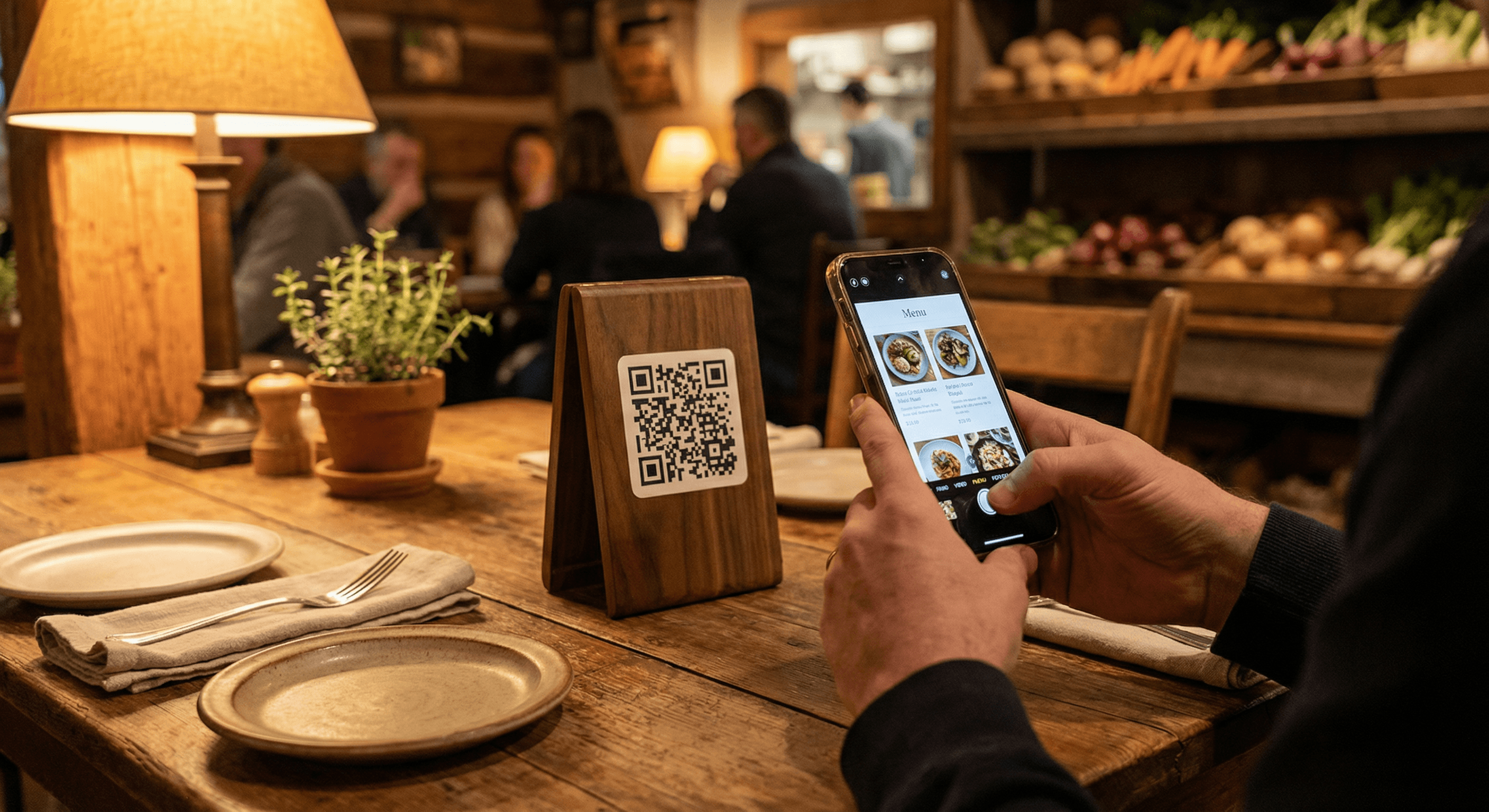 Customer scanning QR code menu at restaurant